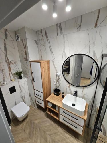 a bathroom with a sink and a mirror at Apartament Konstancji in Piła
