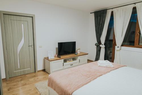 a bedroom with a bed and a flat screen tv at Alessandra-Aparthotel in Piatra Neamţ