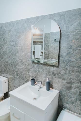 a bathroom with a white sink and a mirror at Alessandra-Aparthotel in Piatra Neamţ