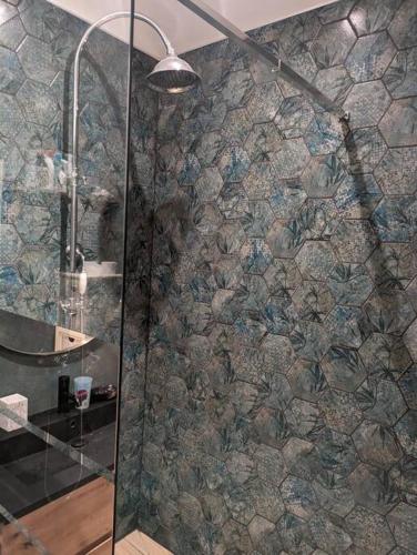 eine Dusche mit Glastür im Bad in der Unterkunft Chambre indépendante à mougins in Mougins