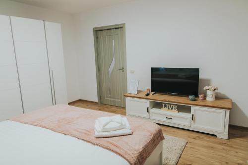 a bedroom with a bed and a flat screen tv at Alessandra-Aparthotel in Piatra Neamţ
