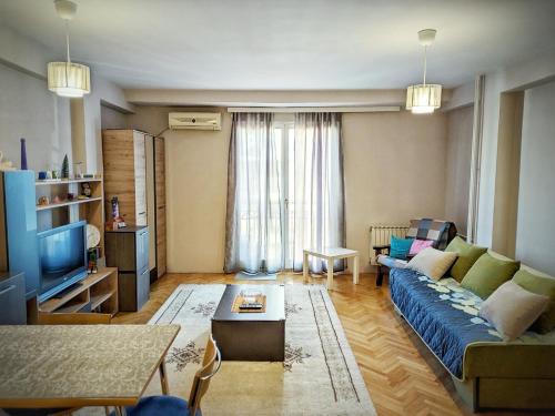 een woonkamer met een bank en een tv bij Studio apartment K4 in Skopje