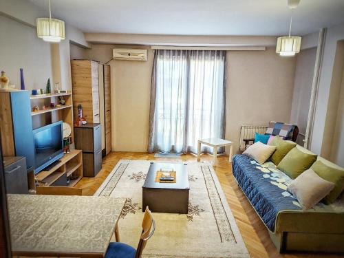 a living room with a couch and a tv at Studio apartment K4 in Skopje