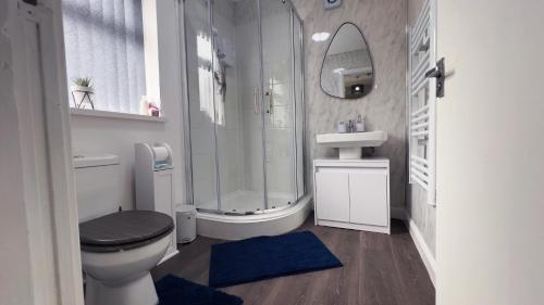 een badkamer met een douche, een toilet en een wastafel bij Stunning Cosy 2 Bedroom Flat with Parking, Central in Birmingham