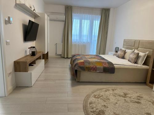 a bedroom with a bed and a television in it at Central apartment Panoramic View in Iaşi
