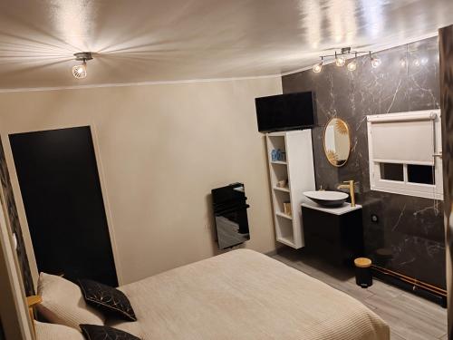 - une chambre avec un lit, un lavabo et un miroir dans l'établissement Hébergement proche aéroport de Nantes, à Saint-Aignan-Grand-Lieu