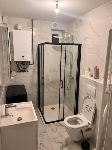 La salle de bains est pourvue d'une douche, de toilettes et d'un lavabo. dans l'établissement F3 On Saint-Vit !, à Saint-Vit