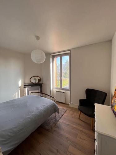 une chambre avec un lit, une chaise et une fenêtre dans l'établissement L’appartement du Cher, à Chabris
