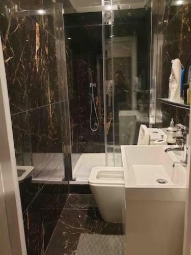 W łazience znajduje się prysznic, toaleta i umywalka. w obiekcie Budget Central London room 3 w Londynie