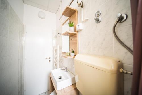 a small bathroom with a toilet and a shower at Orgula in Lumbarda