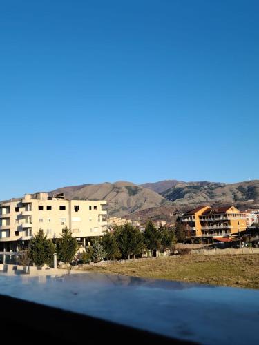 ein Blick auf eine Stadt mit Bergen im Hintergrund in der Unterkunft Villa Elear in Korçë