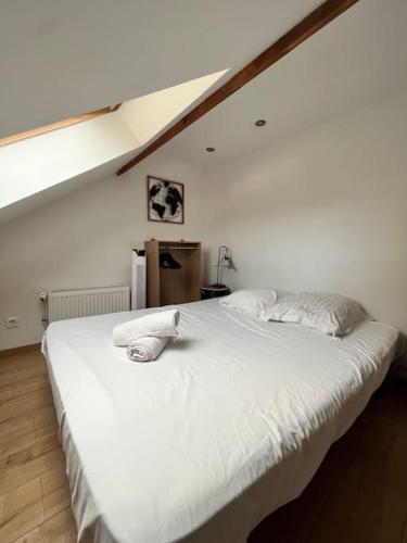 - un lit blanc avec 2 oreillers dans l'établissement Le duplex du journaliste, à Besançon