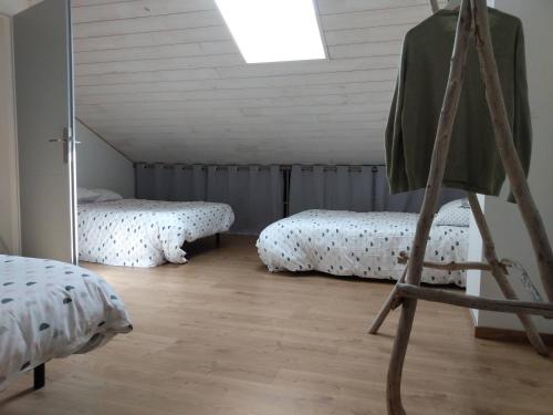 - une chambre avec deux lits et une échelle dans l'établissement A louer maison à Mimizan plage chez benoit, à Mimizan