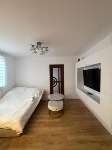 a bedroom with a bed and a flat screen tv at Best choice flat in Târgu-Mureş