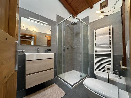 La salle de bains est pourvue d'une douche, de toilettes et d'un lavabo. dans l'établissement Appartamento Nido Del Lago, à Lenno