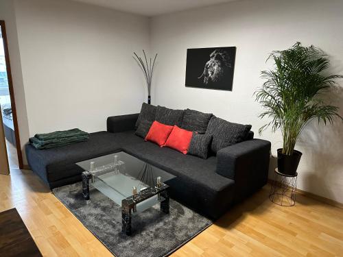 ein Wohnzimmer mit einem schwarzen Sofa und roten Kissen in der Unterkunft Apartment „Slow Horses“ in Leipzig