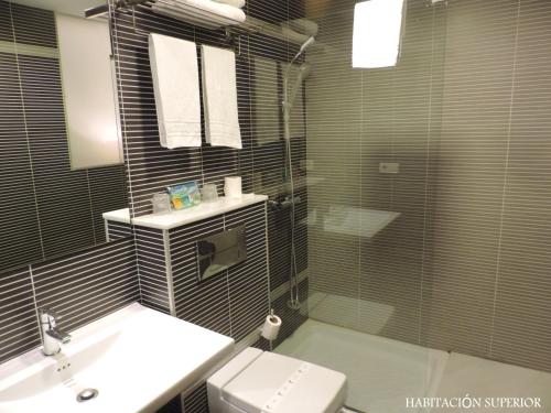 La salle de bains est pourvue de toilettes et d'un lavabo. dans l'établissement Hotel Junquera, à Vigo