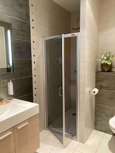 une salle de bain avec une douche avec une porte vitrée dans l'établissement Studio centre-ville proche Gare SNCF, à Cannes