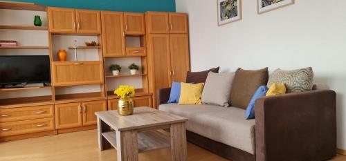 uma sala de estar com um sofá e uma televisão em Apartament rustykalny em Jelenia Góra