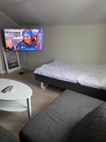 Habitación con cama y TV en la pared. en En liten lägenhet i centrala Sveg., en Sveg