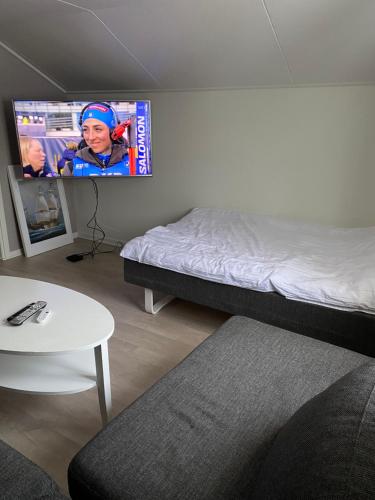 Postel nebo postele na pokoji v ubytování En liten lägenhet i centrala Sveg.