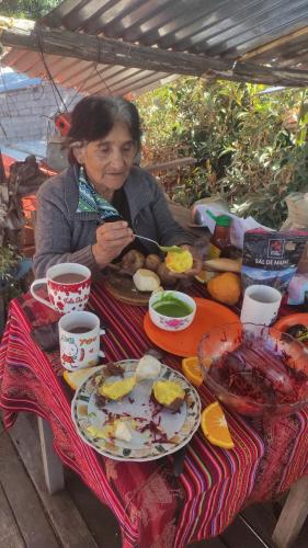 a woman sitting at a table with a plate of food at LA CASA DEL ÁRBOL ABANCAY in Abancay