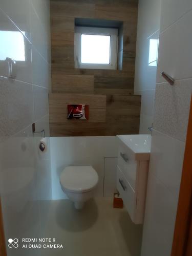 a bathroom with a toilet and a sink and a window at Dom z pięknymi widokami na jezioro ryńskie ilasy. in Rybical