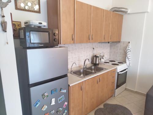 a kitchen with a refrigerator and a microwave at Καταλύματα ως ολόκληρος χώρος. Οικοδεσπότης: Νίκος in Florina