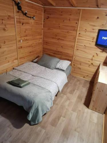 Sosnowy Zakątek في Chomiąża Szlachecka: غرفة نوم بسرير وتلفزيون في غرفة