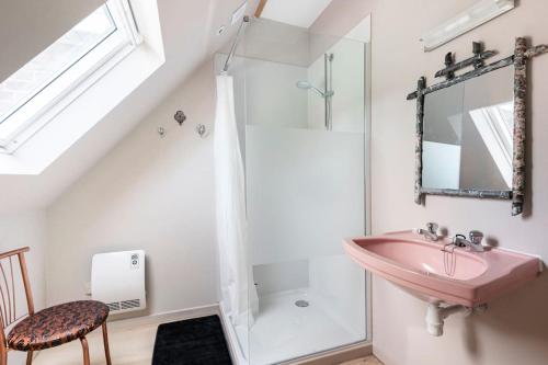 uma casa de banho com um lavatório rosa e um espelho. em Gastenverblijf in Belle epoque woning em Bruges