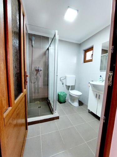 ein Badezimmer mit Dusche, Toilette und Waschbecken in der Unterkunft Casuta de sub munte in Buzău