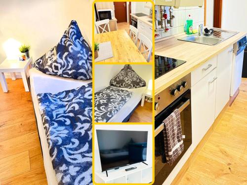 a collage of four pictures of a kitchen and a room at GÜNSTIGE PREMIUM UNTERKUNFT in KÖLN - HÜRTH! in Hürth