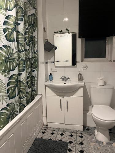 bagno con lavandino, servizi igienici e specchio di Juana's private room a Manchester