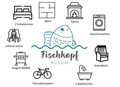 una serie di icone della linea del macello dei pesci di Ferienhaus Fischkopf a Büsum