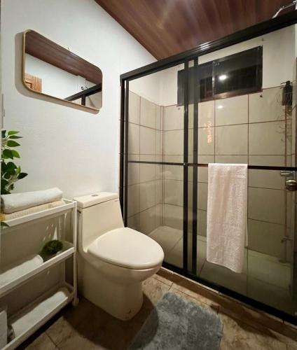a bathroom with a toilet and a shower at Casa Tropical Ceiba in Puerto Jiménez