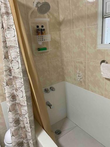 a bathroom with a tub and a shower curtain at The Garden Apartment in Philipsburg