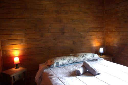 a bedroom with wooden walls and a bed with two lamps at Casa de Campo Rincão do Fortaleza in Cambara do Sul
