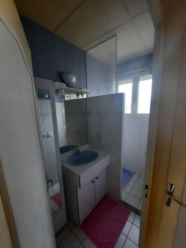 une salle de bain avec un lavabo bleu et un miroir dans l'établissement Maison calme entre Loire et Châteaux., à Montlouis-sur-Loire