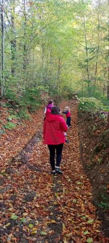 a woman and two children walking down a trail at Під горою in Sheshory