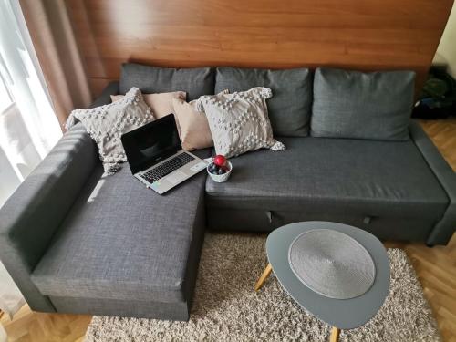 a gray couch with a laptop on top of it at B&P apartman Vrnjačka Banja in Vrnjačka Banja