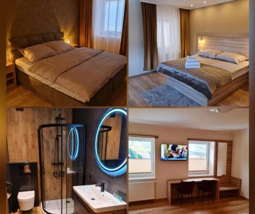 four pictures of a bedroom with a bed and a bathroom at Góry Sowie przystanek DAD HOUSE in Sokolec