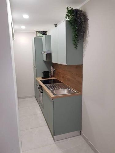 uma pequena cozinha com um lavatório e um frigorífico em Villaggio Cavour Emanuele em Settimo Milanese