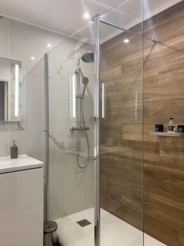 une salle de bain avec une douche avec une porte vitrée dans l'établissement *Cosy and sweet Apartment* Paris Défense* Porte maillot, à Puteaux