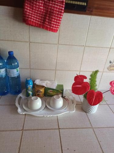 a table with dishes and flowers on a counter at City Lodge in Rose Hill