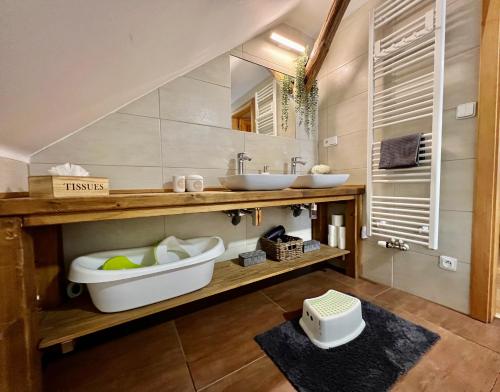 ein Badezimmer mit zwei Waschbecken und einem großen Spiegel in der Unterkunft Holiday home Hůrka in Hurka