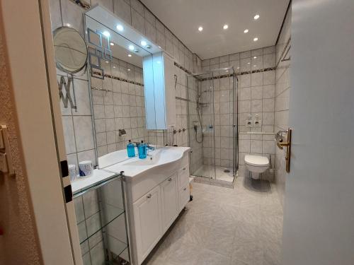 La salle de bains est pourvue d'un lavabo, d'une douche et de toilettes. dans l'établissement Ferienwohnung Am Alten Salzwerk 3a/44, à Bad Harzburg