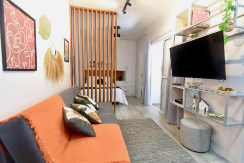 een woonkamer met een bank en een flatscreen-tv bij Ótima localização, com vaga, piscina e Wi-Fi in Sao Paulo