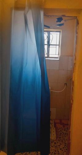 a bathroom with a blue curtain in a room at Royal Villa Guest House in Baragoi
