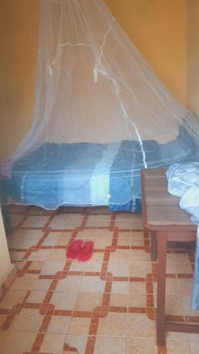 - une chambre avec un lit et une fleur rouge au sol dans l'établissement Royal Villa Guest House, à Baragoi
