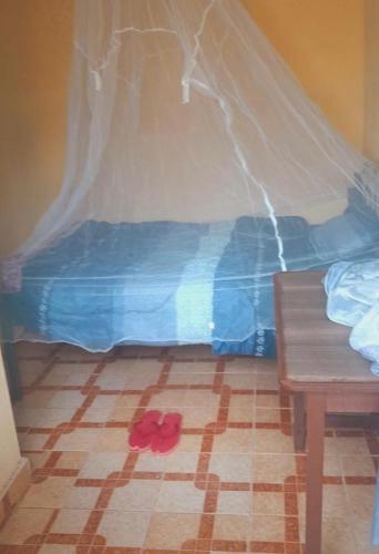 a bedroom with a bed with a flower on the floor at Royal Villa Guest House in Baragoi